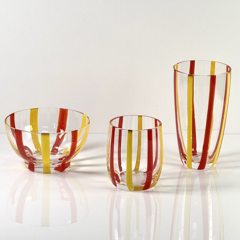Ποιότητα Hand Blown Colored Cane Striped Glass Tumbler & Bowl Set, Murano Style Red Yellow Vertical Stripe Drinking Cups and Snack Bowl, Lead-Free Art Glass for Water, Juice, Table Decor εργοστάσιο