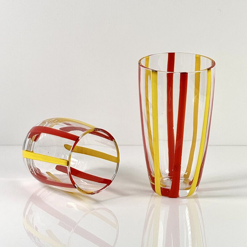 Ποιότητα Hand Blown Colored Cane Striped Glass Tumbler & Bowl Set, Murano Style Red Yellow Vertical Stripe Drinking Cups and Snack Bowl, Lead-Free Art Glass for Water, Juice, Table Decor εργοστάσιο