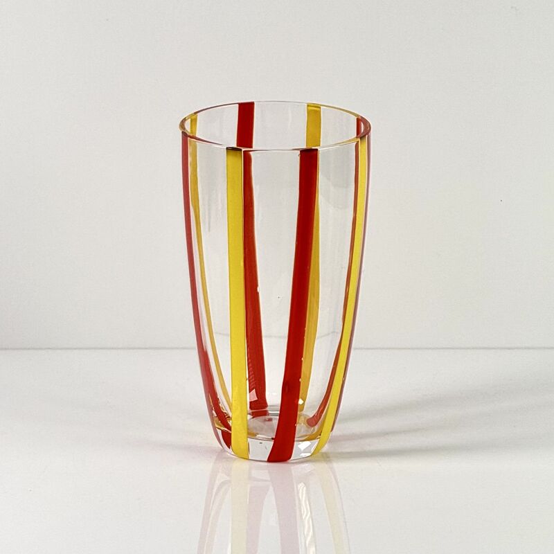 Ποιότητα Hand Blown Colored Cane Striped Glass Tumbler & Bowl Set, Murano Style Red Yellow Vertical Stripe Drinking Cups and Snack Bowl, Lead-Free Art Glass for Water, Juice, Table Decor εργοστάσιο