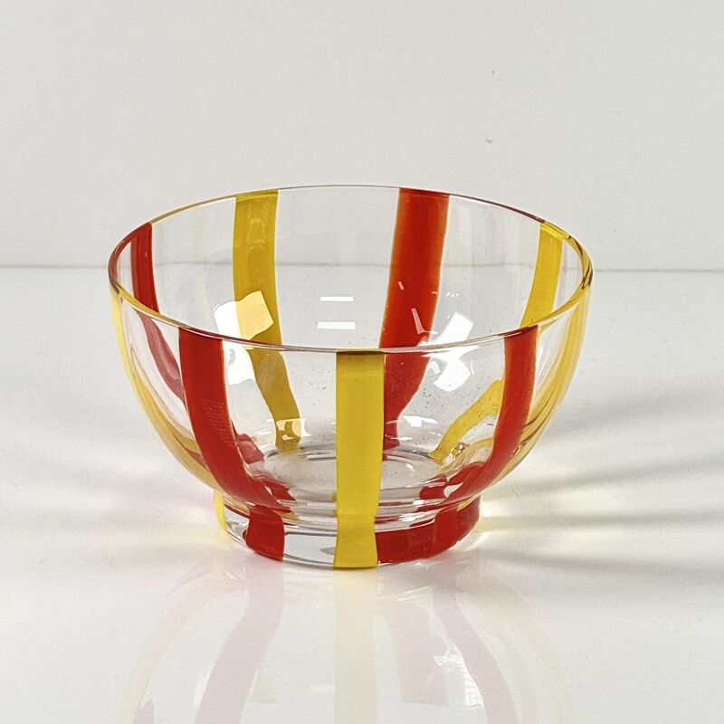 Ποιότητα Hand Blown Colored Cane Striped Glass Tumbler & Bowl Set, Murano Style Red Yellow Vertical Stripe Drinking Cups and Snack Bowl, Lead-Free Art Glass for Water, Juice, Table Decor εργοστάσιο