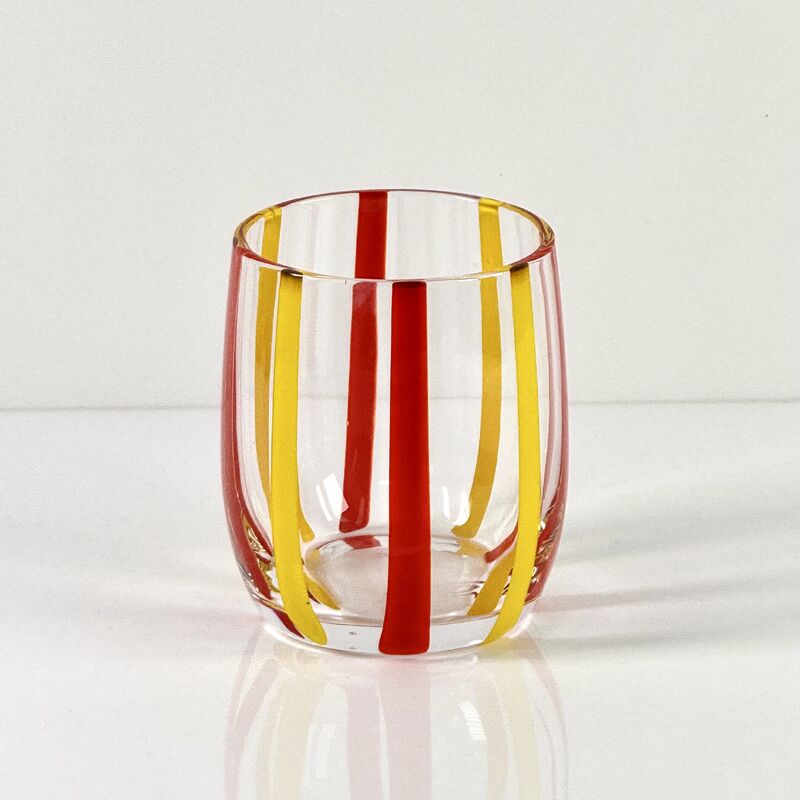Ποιότητα Hand Blown Colored Cane Striped Glass Tumbler & Bowl Set, Murano Style Red Yellow Vertical Stripe Drinking Cups and Snack Bowl, Lead-Free Art Glass for Water, Juice, Table Decor εργοστάσιο