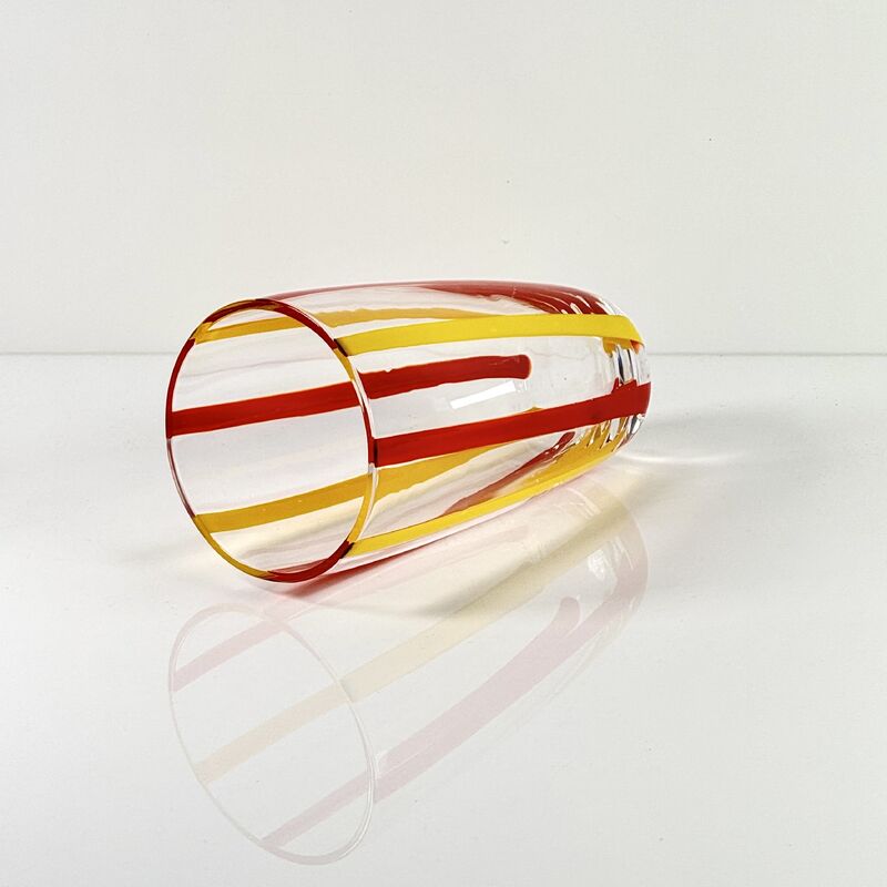 Ποιότητα Hand Blown Colored Cane Striped Glass Tumbler & Bowl Set, Murano Style Red Yellow Vertical Stripe Drinking Cups and Snack Bowl, Lead-Free Art Glass for Water, Juice, Table Decor εργοστάσιο