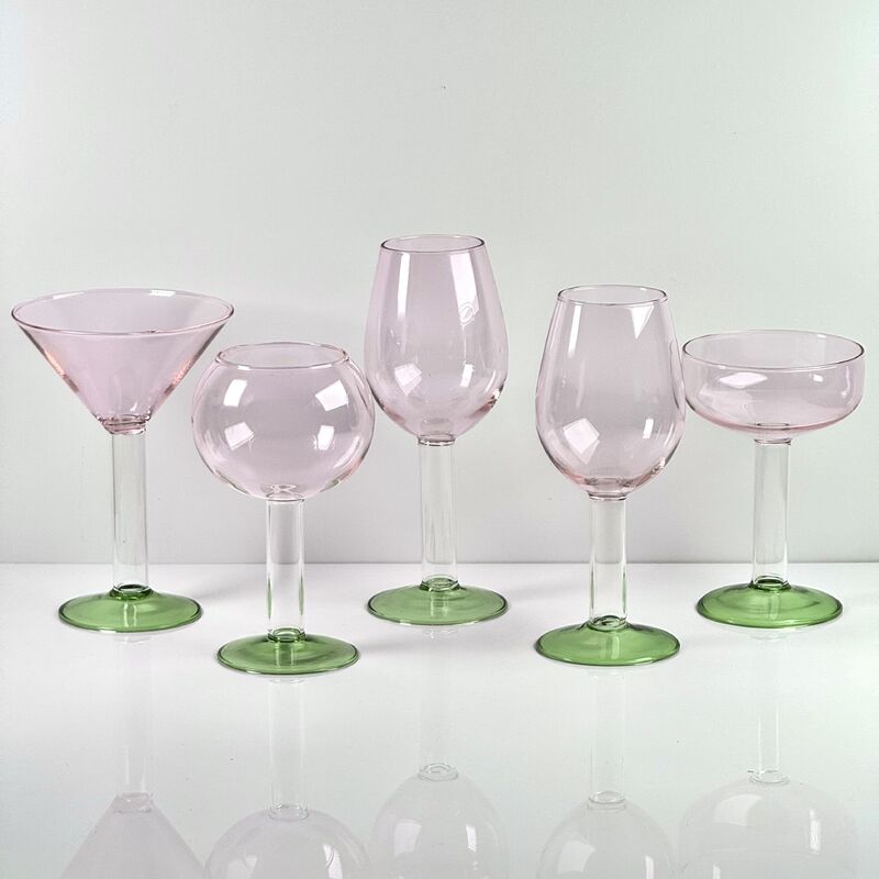 Ποιότητα Hand Blown Borosilicate Stemmed Wine & Cocktail Glass Set, Pink Bowl with Green Hollow Stem Base, Colored Spray Tinted Art Goblets for Bar, Wedding & Table Decor εργοστάσιο