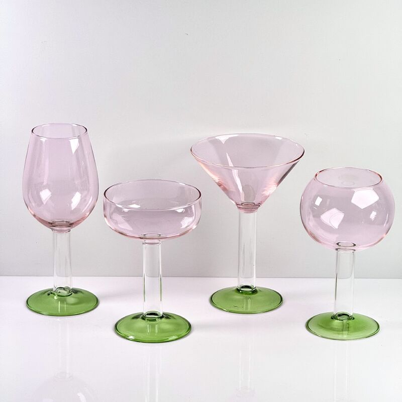 Ποιότητα Hand Blown Borosilicate Stemmed Wine & Cocktail Glass Set, Pink Bowl with Green Hollow Stem Base, Colored Spray Tinted Art Goblets for Bar, Wedding & Table Decor εργοστάσιο