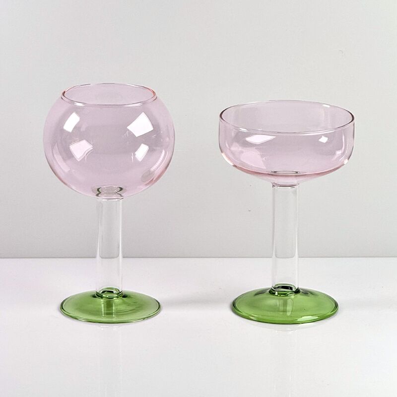 Ποιότητα Hand Blown Borosilicate Stemmed Wine & Cocktail Glass Set, Pink Bowl with Green Hollow Stem Base, Colored Spray Tinted Art Goblets for Bar, Wedding & Table Decor εργοστάσιο