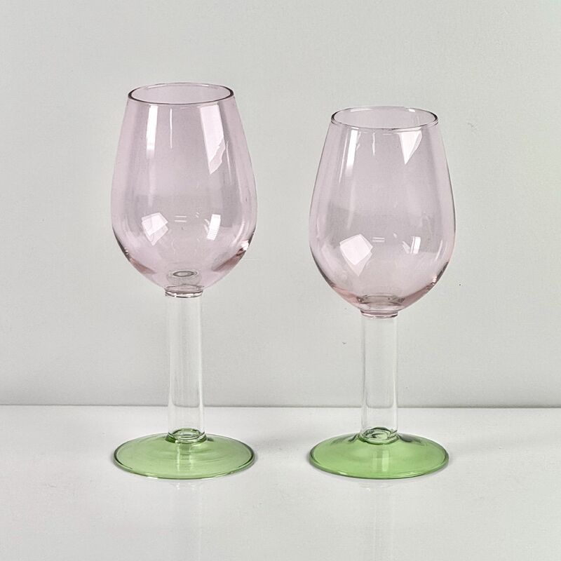 Ποιότητα Hand Blown Borosilicate Stemmed Wine & Cocktail Glass Set, Pink Bowl with Green Hollow Stem Base, Colored Spray Tinted Art Goblets for Bar, Wedding & Table Decor εργοστάσιο