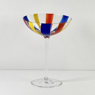 Ποιότητα Hand Blown Art Glass Goblet & Coupe Glass Set, Vibrant Red Yellow Blue Vertical Cane Stripes Murano Style Stemmed Wine & Martini Glasses for Bar, Party & Gift εργοστάσιο