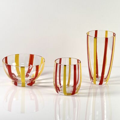 Ποιότητα Hand Blown Colored Cane Striped Glass Tumbler & Bowl Set, Murano Style Red Yellow Vertical Stripe Drinking Cups and Snack Bowl, Lead-Free Art Glass for Water, Juice, Table Decor εργοστάσιο