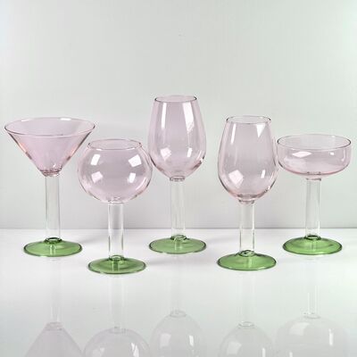 Ποιότητα Hand Blown Borosilicate Stemmed Wine & Cocktail Glass Set, Pink Bowl with Green Hollow Stem Base, Colored Spray Tinted Art Goblets for Bar, Wedding & Table Decor εργοστάσιο