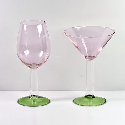 Ποιότητα Hand Blown Borosilicate Stemmed Wine & Cocktail Glass Set, Pink Bowl with Green Hollow Stem Base, Colored Spray Tinted Art Goblets for Bar, Wedding & Table Decor εργοστάσιο